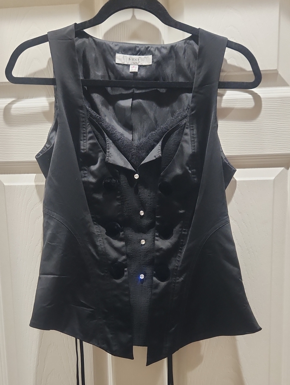 next Black Satin Vest with Lace Trim and Button Front
